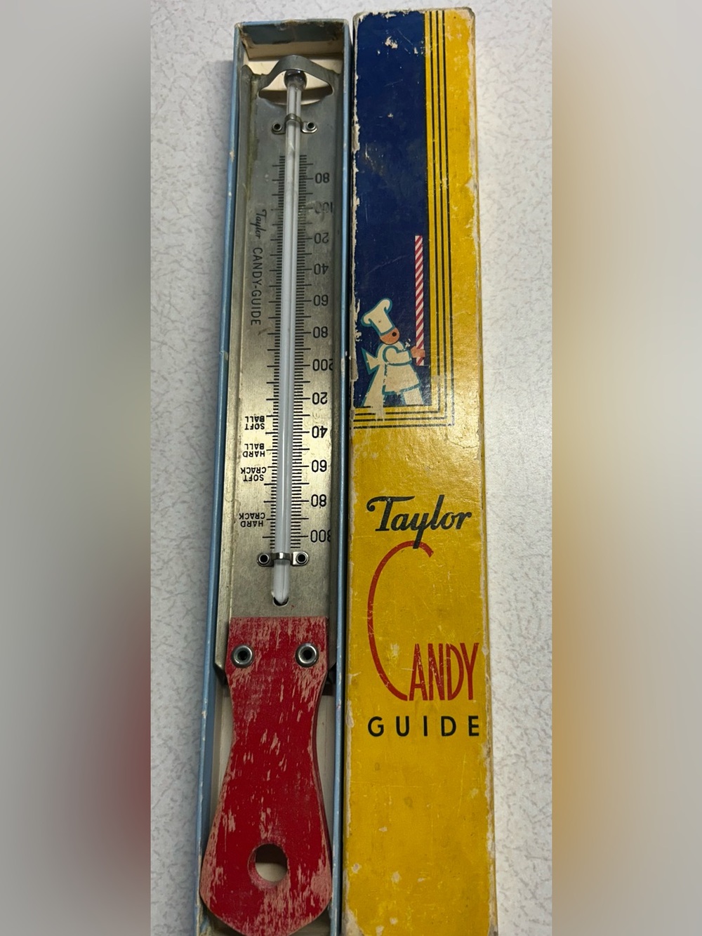 Taylor Candy Thermometer In Original Box Red Wood Handle Vintage Kitchen Utensil